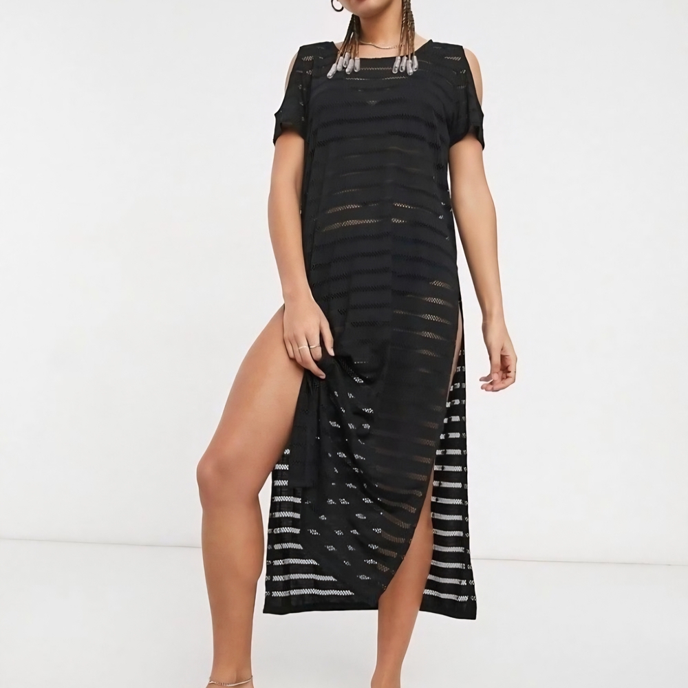 Calvin Klein Black Striped Cold Shoulder Maxi Dress Swim Cover Up Size‎ S/M